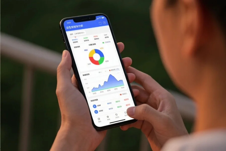 一位用户正在使用移动设备浏览双色球数据分析界面，界面显示丰富的统计图和分析报表